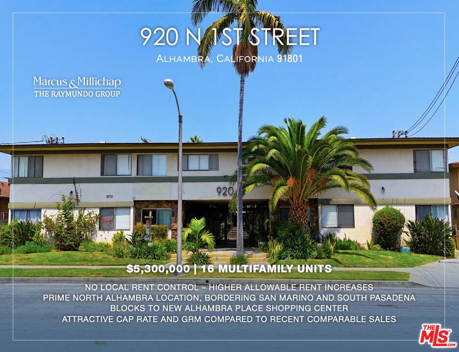 Situated just two blocks south of the affluent cities of San Marino and South Pasadena, the property benefits from its location in one of the most attractive rental submarkets of the West San Gabriel Valley. Because the property is not subject to local rent control, an investor can increase rents by a greater amount each year, when compared with multifamily investments in Los Angeles and other local cities. With current rents approximately 21% below those of similar neighboring properties, a new owner may be able to add significant value while improving the building's cash flow substantially. Constructed in 1959, the two-story structure surrounds a well-landscaped, quiet courtyard atop a 14,706-square foot lot. The property has been meticulously maintained throughout its ownership, while select units have been renovated with new hardwood floors, new kitchen cabinets, and new ceiling fans. The gated complex includes eight security cameras, several of which are trained on the 16 covered parking spaces. The landlord-owned laundry facilities add an additional revenue stream. The separate gas and electricity meters, pitched roofs, and partial copper plumbing should help to reduce future expenses. Located near the corner of Huntington Drive and Los Robles Avenue, the building sits just across the border from both San Marino and South Pasadena. Being within walking distance of Ralph's, In-N-Out Burger, and the new $130 million Alhambra Place Shopping Center helps to attract tenants. Median home values have increased by 40% since 2020, resulting in increased demand for rental units as residents are priced out of homeownership now that the median single-family home is valued above $1,000,000. Apartment demand in the area is also elevated due to the fact that Alhambra has only added 540 units over the past 30 years. This amount of new development is up to 10 times slower than other communities in the area, and the resulting demand for existing apartments is projected to exert sustained upwards pressure on local rents, benefitting apartment landlords. The property also sits just two miles from the 110 Freeway and two-and-a-half miles from the10 Freeway, affording tenants convenient access to Downtown Los Angeles, Pasadena, and the rest of the San Gabriel Valley.