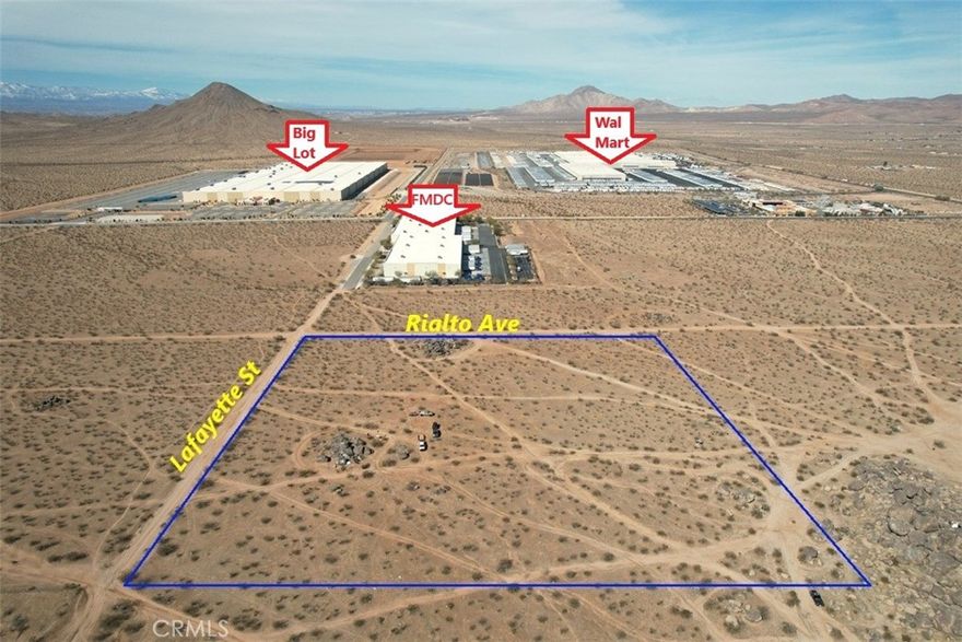 Great Location! 10 acres lot. Zoned Specific Plan which allows  for Industrial/Warehouse use. APN #  0463-232-49-0000. Parcel is located at the NEC of Lafayette St. & Rialto Ave. Located close to WalMart Distribution Center and Big Lot Distribution Center. Adjacent to Fresenius Medical Distribution Center. Also close to Apple Valley Airport and Victor Valley College Regional Public Training Center. Per Town of Apple Valley, Industrial – Specific Plan allows for abroad range of clean manufacturing and warehousing uses, ranging from furniture manufacture to warehouse distribution facilities. All uses must be conducted within enclosed buildings. Outdoor storage must be completely screened from view. Appropriate land uses in this designation include manufacturing facilities with showrooms and offices, regional warehousing facilities, and support services for manufacturing and warehousing. Brightline West has acquired property in the newly annexed area of Apple Valley near Dale Evans Parkway for a high-speed rail station that will connect Southern California to Las Vegas. According to Brightline West, the project has started to break ground in Las Vegas.