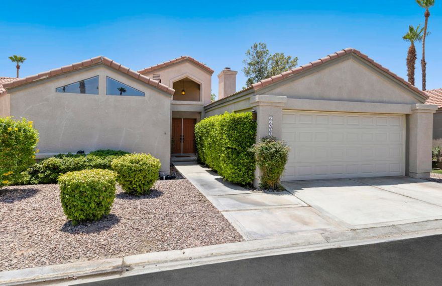Move-In Ready Gem in Desirable Golden Sun Estates. Don't Miss This Opportunity! Priced to sell, this beautifully updated home is perfect for first-time home buyers, savvy investors, or anyone seeking a full-time residence or desert retreat. Step inside to soaring vaulted ceilings and bright, open living spaces filled with natural light and luxury vinyl flooring throughout. The modern open floor plan features  a seamless flow for everyday living and entertaining. The chef-inspired kitchen boasts quartz countertops, stainless steel appliances, and a gas range, making meal prep a joy.With two well separated bedrooms for privacy, the primary suite is tucked away on one end with abundant closet space, a double-sink vanity, and a walk-in shower. On the opposite side, the guest bedroom opens to the patio and is adjacent to its own bathroom.Step outside through any of the three sliding doors to an expansive backyard, featuring a large covered patio, greenbelt views, and plenty of space for relaxation, play, or alfresco dining. The 2-car garage provides tons of storage and the indoor laundry adds convenience.Golden Sun Estates delivers an active lifestyle with two pools and spas, tennis and pickleball courts, basketball, and a clubhouse perfect for gatherings or private events...all with super low HOA dues. Ideally located just off Washington with easy access to the 10 freeway and close to shopping, dining, entertainment, and schools, this home is as practical as it is charming.Whether you're looking for a full-time residence, desert getaway, or income-producing investment, schedule your showing today before it's gone!