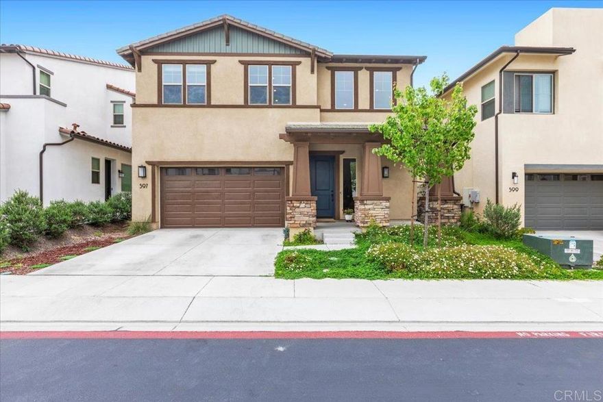 GREAT VALUE!! Welcome to Mission Circle at Parkside, this fantastic gated community located in San Marcos offers convenience and resort style living. This stunning and popular plan 2 craftsman offers a light and bright open floor-plan with chefs kitchen, quartz counter tops, custom backsplash, stainless steel appliances, a large island, eat-in dining, luxury vinyl plank flooring, a bedroom and bathroom on main level, large open great room with glass sliders leading to the covered loggia (California Room) and back yard. Upstairs you will find a large flexible loft space, additional bedrooms, a laundry room and a private and separate primary suite with upgraded Calcutta tile spa inspired bathroom and over-sized walk in closet. The home is located on one of the quietest streets in the community, offers owned solar, no direct neighbors behind, back yard faces Double Peak Park and provides lots of sun. Mission Circle is a community with amenities galore; enjoy access to a large pool and spa, playground, dog park, BBQs, and more! The community is surrounded by serene mountains and numerous trails perfect for walking or hiking, great proximity to newly built Kaiser hospital and Cal State University San Marcos. Located 20 minutes from beaches and close to shops, restaurants, and the I-15.