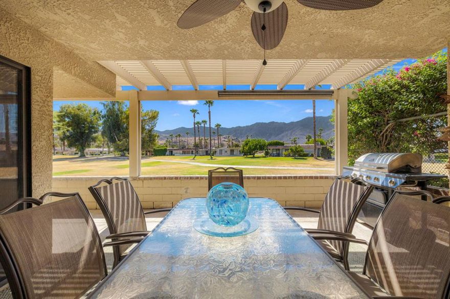 Turnkey furnished, Immaculate 3 Bedroom, 2 Bath home overlooking Women's Tee 3 with panoramic Western Mountain Views as your backdrop. Foyer entry to soaring ceilings in living room with fireplace and sunken wet bar with wall of glass to soak in the views. Formal Dining area , Spacious kitchen with stainless appliances, kitchen nook and access to patio. 3 spacious Bedrooms, one currently used as a TV room/Den. Primary suite with walk in closet, soaking tub and separate shower - opens to private enclosed garden area. Interior laundry room, double car attached garage. Guest parking immediately to the right of the unit and adjacent to one of the many sparkling pools and spas you have access to. Clubhouse, tennis, activities, Whether you want to make this one your home away from home as the current owners have or a full time residence, you have found the perfect property!
