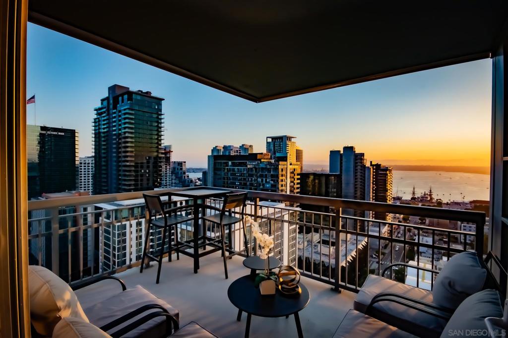 Completely Renovated and Luxurious Southwestern 22nd floor Little Italy condo w/breathtaking bay, city and ocean views from the floor-to-ceiling windows and a wrap-around patio deck, perfect for morning coffee or sunset cocktails. The property features a split bedroom layout for privacy. Amenities include a pool, spa, fitness center, and a beautifully landscaped courtyard with BBQ areas and 2 side by side parking spaces. Close to airport, shopping, dining & Little Italy Farmers Market on Saturday's