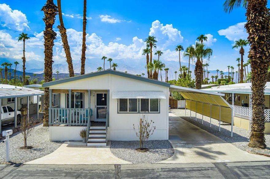 Welcome to the only available 3 bedroom, 2 bath home in the sought-after 55+ community of Royal Palms in Cathedral City. Built in 2020, this beautiful, nearly new home offers 1,368 sq. ft. of stylish living with a bright, open floor plan. The interior features luxury vinyl plank flooring, fresh drywall, recessed lighting, ceiling fans, and energy-efficient dual-pane windows. The spacious kitchen boasts modern cabinetry and plenty of counter space to create home-cooked meals. The primary suite includes a generous closet and a private bath, while two guest rooms provide space for visitors, hobbies, or an office. A covered carport with sunshade adds convenience and outdoor comfort, with room for seating or storage. Residents of Royal Palms enjoy resort-style amenities including a pool, spa, clubhouse, fitness center, bocce ball, pickleball, putting green, dog park, social activities and more. With a space rent of $895/month, this home offers an incredible combination of comfort, lifestyle, and value. Ideally located near shopping, dining, golf, and all the desert has to offer, this is the perfect opportunity to enjoy low-maintenance living in a vibrant, active community.