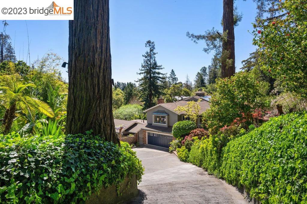 A fantasy realized - on more than one beautifully-appointed acre, this hidden estate behind a private gate provides a tropical oasis in the heart of Piedmont. Featuring professionally-landscaped gardens that offer a custom pool with waterfall and slide, two-story tiki hut w/entertainer’s kitchen & viewing deck, stone-carved archways, clematis-covered gazebo, and meandering pathways throughout, this property easily entertains both large events and intimate gatherings alike. The main house offers 3+ bedrooms, including a spacious primary ensuite, 2.5 bathrooms, convenient study or home office (or 4th bdrm) formal living and dining rooms, media room down, and a recently updated kitchen. A fully-outfitted guest house w/deck also accommodates a tech lab, artist's retreat, or work-out room below. Entirely unique and truly special, this property has been thoughtfully designed with systems that are eco-friendly and include owned solar panels, CAT-6 wiring, water-catchment systems, Nest thermostats, and underground wiring. In a word, it’s magic!
