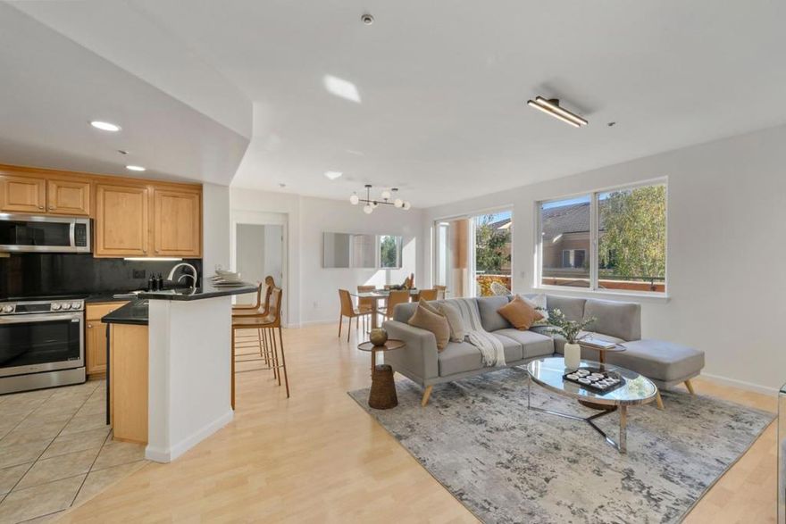 This stunning 2 bedroom and 2 bath single-level luxury condo in Mid Town Plaza is situated in a secure and gated community in the heart of San Jose. The top-floor residence blends together style, comfort, and convenience. An elegant formal entry opens to a bright, open-concept living area with soaring ceilings. The luxurious primary suite offers a generous walk-in closet and ensuite bathroom, while the spacious guest bedroom features its own walk-in closet. Additional features include new carpeting, modern light fixtures, a chefs kitchen with a new convection stove + water filter + granite countertops, central air, and a separate laundry/utility room. Unwind and entertain on your own private balcony, which also offers a large storage closet. Enjoy the convenience of two dedicated side-by-side parking spaces in a secured garage. HOA amenities include a swimming pool, spa, fitness center, community clubhouse, and elevator access. Monthly HOA dues cover water, garbage, exterior landscaping and maintenance, and common area insurance. Very convenient to VTA, CalTrain, grocery stores, dining, entertainment, major tech hubs, parks, private schools, and easy access to major highways. Welcome to modern urban living at its best. This is an opportunity that you do not want to miss!