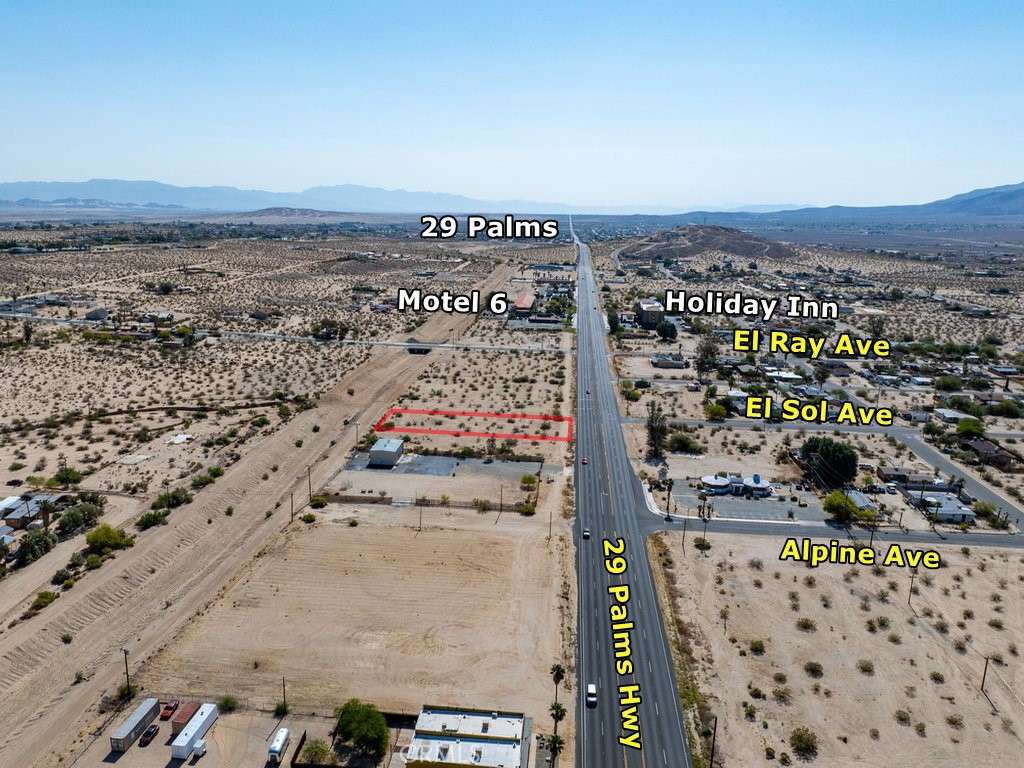 ***RARE opportunity***Own a property directly fronting 29 Palms Hwy in the heart of town. This lot is zoned CG (General Commercial) by the city, which allows a broad range of commercial, retail, professional office and service-oriented businesses, including supermarkets, restaurants, hotels/motels and specialty retail stores. It’s 1 block away from many well-known businesses like Holiday Inn, Motel 6, Rite Aid, O’Reily and others. Utilities are nearby. 29 Palms has been enjoying a robust growth in recent years with lots of new businesses opening up and population continued to grow. Do not miss this opportunity to make your dream come true on this blank canvas. Please note that the boundaries represented in the photos are only an estimation.