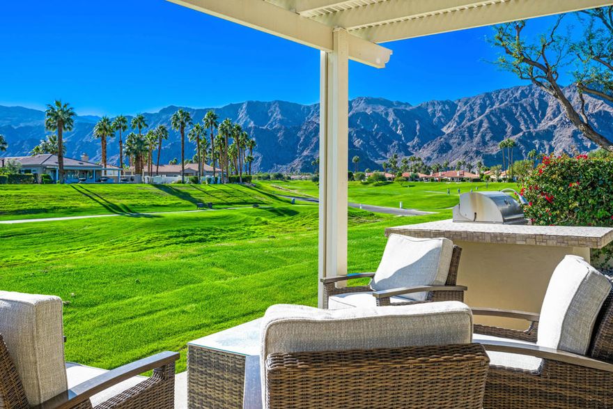 Nestled in an unbeatable location, this south-facing gem offers breathtaking golf course views framed by the majestic Santa Rosa Mountains--perfectly positioned to soak up abundant sunshine by day and savor magical sunsets by night. The backyard is an entertainer's dream, complete with a pergola sunshade, built-in BBQ, and a cozy firepit for those starry desert evenings. Located in the sought-after Duna La Quinta community, you're just a block away from the charming shops and dining of Old Town La Quinta, as well as the world-renowned La Quinta Resort and Spa. For added convenience, the community pool and hot tub are right across the street, offering resort-style relaxation steps from your front door. This home has been remodeled with luxurious touches like granite countertops and stainless steel appliances. Inside, the open floor plan features soaring 10-foot ceilings, custom lighting, stylish ceiling fans and a double-door pantry for all your storage needs.  The two-car garage plus golf cart garage is finished with sleek epoxy floors. Outside, the private courtyard is beautifully landscaped with low-maintenance desert flora and a drip system, ensuring year-round curb appeal. Residents also enjoy modest HOA fees and exclusive perks like La Quinta Resident Cards, which provide access to discounted golf at SilverRock Resort and other community benefits. There is also a tennis court in the development exclusively for the residents use!Sold turnkey furnished!