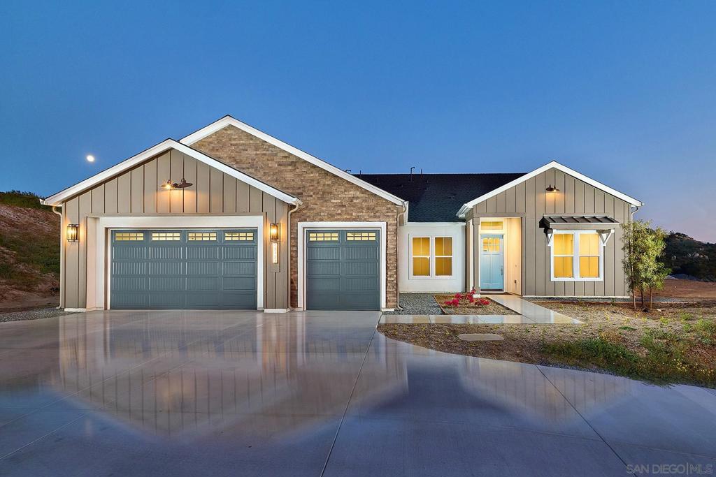 The Final Home, Big Panoramic Sunset Views, Rare Brand New Modern Farmhouse Construction with Views, Lyon Estates, a single level gated community set in the foothills of North Poway, Plan 3, featuring 5 bedrooms plus office/bonus room, 4.5 baths, two ensuite bedrooms, served by Painted Rock Elementary, RB Middle and High School, easy access to the 56. New Pointe Communities has crafted a private spectacular enclave of 10 luxury semi-custom homes, featuring luxury vinyl plank flooring, gourmet kitchen features, high end Thermador appliances including a 48 inch range cooktop, 42 inch dual column refrigerator/freezer, wine chiller and dishwasher. Custom white shaker cabinets with soft close hinges and drawers, generous center islands, and walk in pantry. 10 foot and 12 foot ceilings throughout, owned expandable 4kw photovoltaic solar systems. Enjoy panoramic views from several of the large well spaced homesites built with covered outdoor sitting areas. Other notable features such as a 3 car garage, tankless water heaters, LED lighting provide for state of the art efficiency. No Mello Roos. Near shopping, easy freeway access. Room for ADU and substantial outdoor living space/pool area, Ask about builder incentives for non contingent buyer such as interest rate buydowns, additional solar and Tesla batteries. Room for ADU, Large pad for substantial pool and outdoor space.