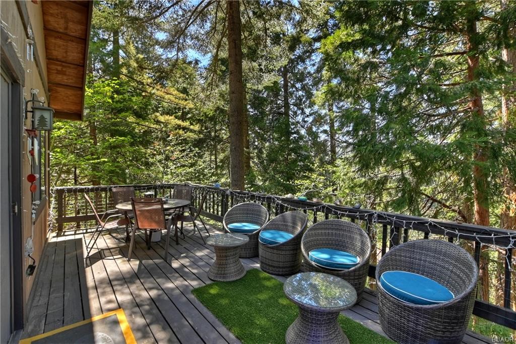 If You are Looking for a Modern yet Rustic Cabin to Escape to, THIS IS IT!!! Easy Access with Level Covered Parking, Cozy Living Room with Wood-Burning Fireplace, Beamed Ceilings and Killer Tree Views from the Deck! YOU ARE SURROUNDED BY DOGWOODS, PINE & CEDARS... It's Like a Tree House! Bar in the Corner too! Kitchen is Updated with Newer Wood Cabinetry, Granite Countertops & Newer Appliances. Master Bedroom is on the Main Level... Downstairs is a Big Open Room with Plenty of Space for Entertaining, Currently Being Used as a Bedroom too (2 Queen Beds). In the Back is a Smaller Really Fun Kids Room and Oversized Bathroom with Soaking Tub and Separate Shower. Just a Quick 5 Minute Drive to the Lake Arrowhead Village or Spend the Day at Skypark, Just 2 Minutes Away... Plenty of Hiking in the Area or a Quick 20 Minute Drive to Snow Valley Ski Resort! So Much to Do!! Come & See this Luxurious Cabin! Comes with Tesla Charger on Parking Deck and LOT NEXT DOOR IS INCLUDED IN SALE!! Great Space for a Yard!!! NO HOA!! This Home is Serviced by Arrowhead Villas MUTUAL SERVICES Association that Provides Water, Trash Service and Snow Plowing at a Lower Rate than Most Areas for Just $280/Quarter! Saving Money!