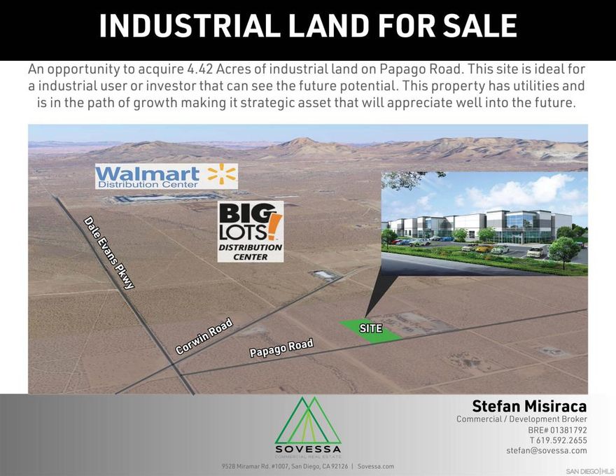 Vacant industrial land that lies within the North Apple Valley Industrial Specific Plan, an area where many developers and land investors have acquired hundreds of acres in anticipation of future growth. The Specific Plan includes 6,221 acres of designated land to facilitate industrial and commercial development for the city. Existing development includes Walmart' s 1.3 Million square foot Distribution Center, and Big Lots 1.4 Million square foot Distribution Facility with an estimated 400-500 new jobs and Ameritex Manufacturing Plant with an estimated 150 new jobs. Over 6.7 Million SF of industrial buildings in various stages of entitlement nearby