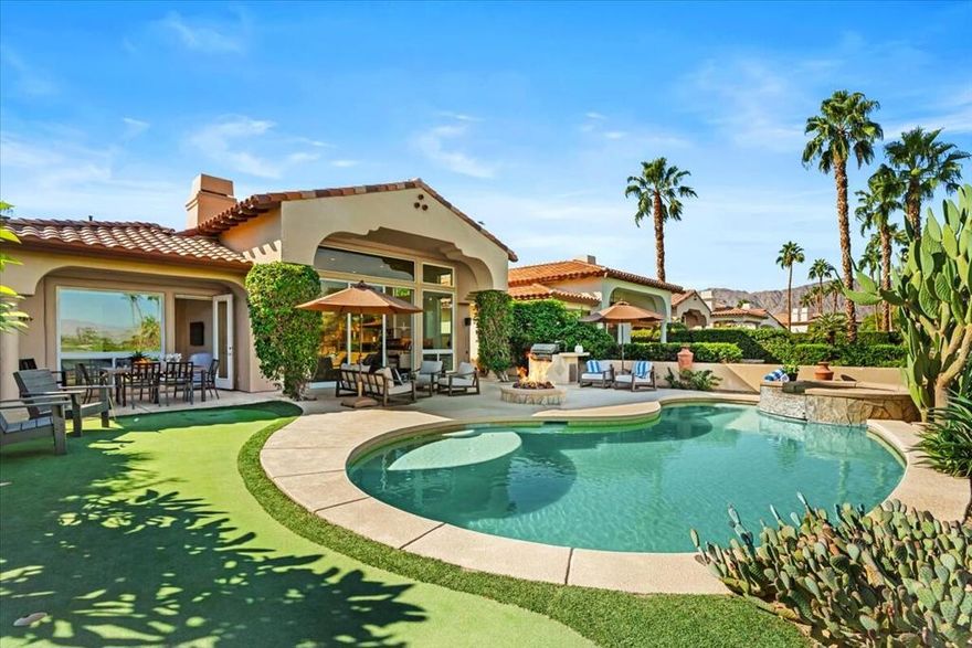 SPECTACULAR VIEW: Experience desert living at its finest in this beautifully renovated Encanto 2 plan, ideally located on the lake with views of the 16th hole of the Jones course. This property offers two spacious bedrooms inside, each with King beds and private ensuite baths, offering comfort and privacy for all guests. The detached 2-room casita is complete with 2 twin beds, 1 queen bed, and an en-suite to share. Recent updates include fresh paint, new carpeting, fixtures, mattresses, bedding, linens, and more. The open concept living, dining, and kitchen area is designed for relaxation and entertaining, highlighted by floor-to-ceiling windows that perfectly frame the stunning views. Step outside to your private backyard oasis - complete with a saltwater pool and jacuzzi, built-in BBQ, ample seating, fire pit, Cool-Tec deck surface, and even a turf putting area for practicing your short game. Whether you are hosting friends or enjoying a peaceful evening under the desert sky, this home provides the perfect setting.Availalbe Nov 1 2025 - May 2026