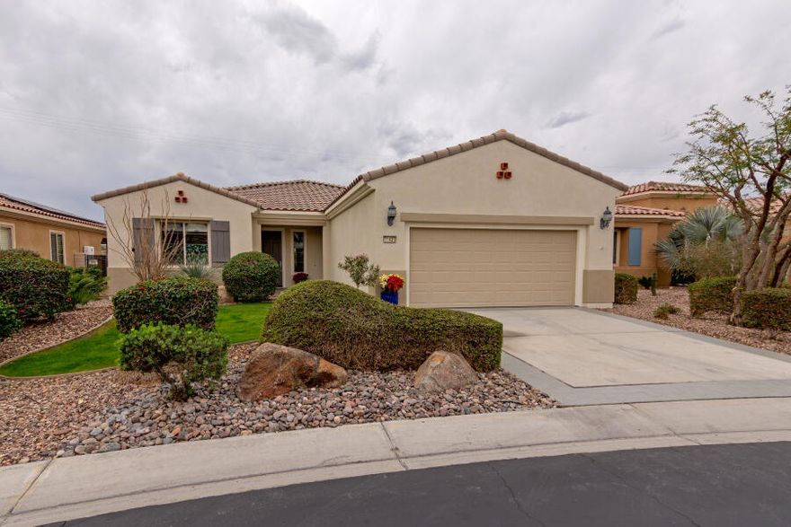 Lovely Avalino Model with Santa Rosa Mountain Peek View!  Highly Sought after Del Webb Sun City Shadow Hills for Active Adult Living at it's Best! Enjoy Resort Style amenities, Clubs, Vibrant Social Life including Performing Arts, Concerts, Movies in the Park, & So Much More.  Two Clubhouses, Two Fitness Centers, Pools, Spas, 8 Pickleball courts, Plus Tennis! Two Golf Courses, Putting Greens & Driving Range,  miles of Walking Trails! Move in Ready... New Interior Paint in Soft soothing Neutral color tones! You'll appreciate this Open & Inviting floor plan which is Great for Entertaining & Relaxation. Enjoy a Spacious Cook's Kitchen with Plenty of Storage, Counter space! Large Walk in Pantry!  Granite Breakfast Bar extends your dining and serving space.  Casual Dining area is conveniently located off Kitchen & Great room with Slider Door to access Private South facing Leisure yard, Covered Patio, lushly landscaped South facing yard. 2 car attached garage, potential space in front yard area to add a casita or courtyard with HOA approval, of course! Set up your Private Tour, This Home, has been seldomly used by owner and Never used as a rental.