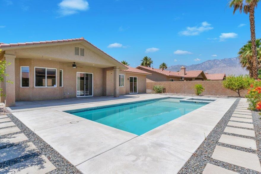 LOCATION Location LOCATION!!! This beautiful 3 Bedroom POOL HOME in desirable Landau Manor Homes is being offered FOR SALE OR LEASE. Rarely does a home come on the market in this community....it's situated on an oversized CORNER LOT at the border of Cathedral City and Palm Springs for an easy commute to work or play and is neighbor to Cimarron Golf Resort where you'll have many great options to play golf with weekly, monthly and yearly memberships at affordable prices. The interior of this home features VAULTED CEILINGS, ceramic TILE FLOORS throughout and laminated wood floors in the guest bedrooms. CEILING FANS help keep each room comfortable during the summer and an attractive corner FIREPLACE will enhance any family gathering during the winter. The backyard features a sparkling POOL/SPA and is surrounded by mature citrus trees and majestic MOUNTAIN VIEWS.  This home is MOVE-IN READY!!