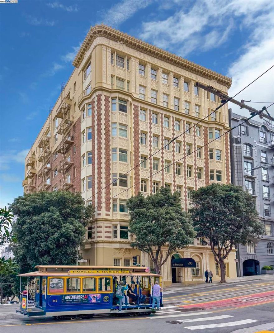 850 Powell, Apt. 400. Discover a true "jewel box" on Nob Hill in the iconic and treasured Francesca building. From the moment you enter, elegant, refinished hardwood floors lead you to a gracious, spacious living room, featuring beautiful custom built-ins for displaying your collected treasures. The perfectly proportioned dining room offers captivating views of Russian Hill, setting a memorable stage for intimate dinners. With a total of seven well-appointed closets—four in the bedroom alone—there is a place for everything. Gaze through the large bay windows at a dazzling panorama that captures the famous San Francisco landmarks, Alcatraz Island, the Bay, Russian Hill skyline, the Ferris wheel, and the twinkling lights of downtown. This is a residence of sophisticated elegance, ideal as a refined pied-à-terre, a first home, or for a graceful downsize. Experience the quintessential Nob Hill lifestyle, just minutes from world-class shopping, dining, and transit.The Francesca is a full-service, doorman building with timeless architectural character in one of San Francisco’s most desirable neighborhoods. website: francesca400.com Views:  Downtown