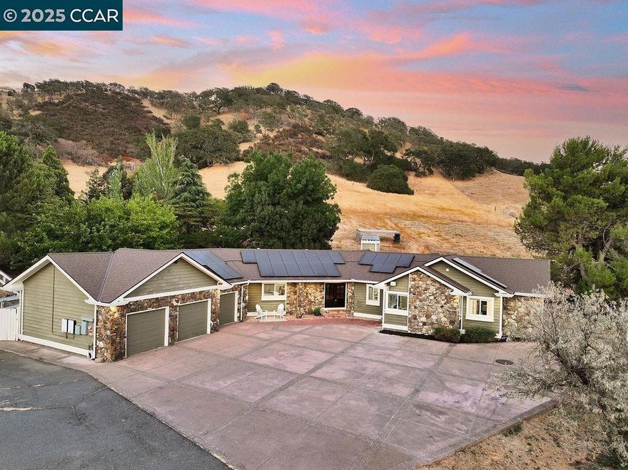 Discover serene country living on 5.36 acres with breathtaking views of Mt. Diablo! This beautifully updated single-story home offers 4 Bedrooms, 3 Bathrooms, a spacious 3-car garage, & vaulted/high ceilings throughout. Enjoy a brand-new Kitchen featuring a 6-burner Thor gas stove, quartz countertops, pantry, and a sink perfectly positioned to take in the mountain views. The open layout flows seamlessly into the dining area & large family room with a stone fireplace and stove insert—perfect for cozy gatherings. The expansive primary suite boasts a walk-in closet & a luxurious new bathroom with dual sinks, a walk-in shower, soaking tub with views & water closet. Laundry Room & Mud Room off Kitchen with flex space potential. NEWER ROOF, SOLAR & HVAC. A barn, horse pen & other structures add to the properties capabilities, with plenty of flat, usable land—ideal for farming, animals, or future expansion. Property has a Foundation poured for a Manufactured Home with Drawings. Call Agent for details. Amazing opportunity. A rare blend of modern comfort, natural beauty & endless potential! Open Sunday 10/26 1:30-4PM