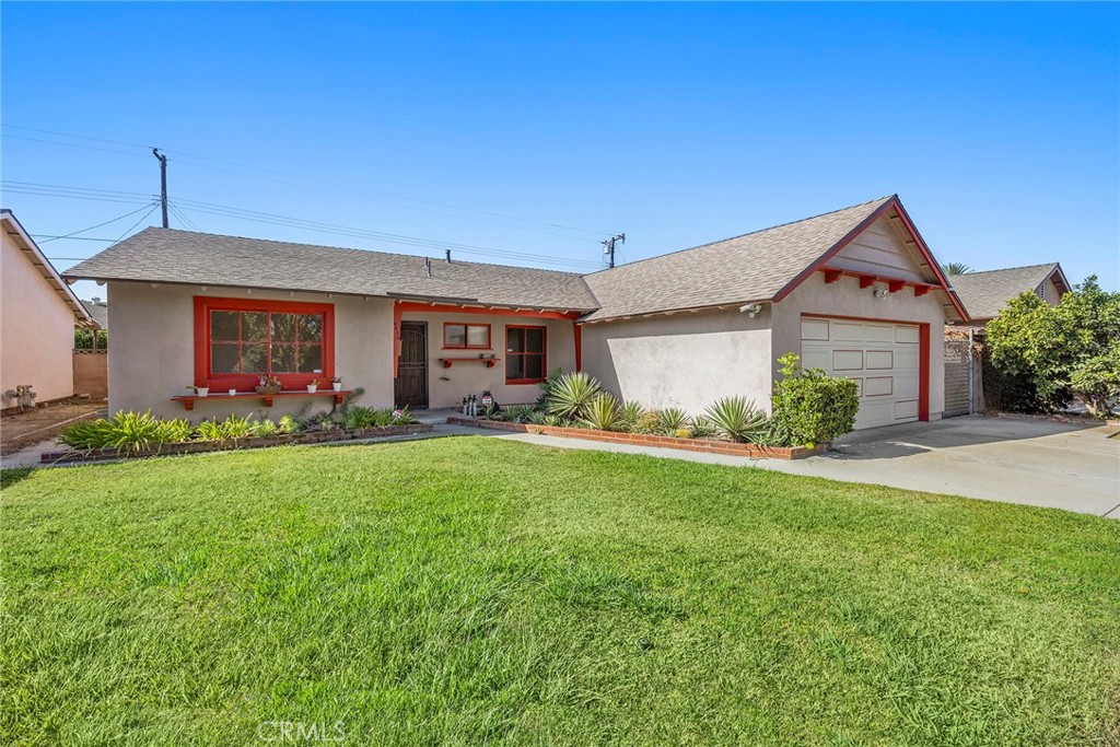 Single-level 4 bedroom/2 bath POOL home for sale! This 1828 sq. ft. home features a living room, family room with fireplace, 2-car garage, pool, central air conditioning & sits on a quiet cul-de-sac. The kitchen has been remodeled with new cabinets, & granite countertops. All new laminate flooring & baseboards. Freshly painted inside with a neutral color & bright white baseboards. New ceiling fans throughout. The home has 21 solar panels that will be paid in full at the close of escrow. Great location! Near Buena Park Downtown, in the FLOWER track.