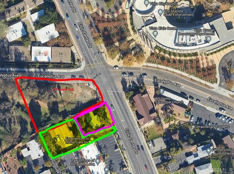 Fixer! Elevated PRIVATE flag lot. 3 bed/2 bath. SOLD AS IS. Needs your TLC to make it your home. Great location right across the street from City of Vista Civic Center complex. Walking distance to restaurants, shops, light rail train and many Vista City services.  209 Civic Center Dr home (below) and adjoining corner vacant lot at Eucalyptus & Civic Center are ALSO listed for sale. Buy all 3 properties and develop all together as 1 acre lot development. Mixed Use Zoning-Downtown Specific Plan w/lots of permitted options. See attached Vista plan doc.