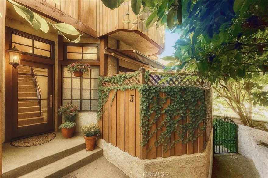 Former Celebrity owned and a rare find in the heart of Studio City: a sophisticated & upgraded tri-level townhome with a private rooftop penthouse oasis. Tucked away on the quiet, tree-lined Bloomfield Street, with a private gated entrance and a serene walkway & garden this hidden gem shares ground with only four townhouse units.  This immaculate, move-in-ready home, is designed to impress. This unique “turn-key” sanctuary features comprehensive smart home automation, including automated sensor lighting, a Ring doorbell, Nest thermostat, and Lutron lighting. Upgrades like fresh paint, new carpeting, new flush ceiling lights, and beautiful crown molding are found throughout. With upgraded electrical and plumbing, plus a newer, economical HVAC system, this home ensures comfort and low utility costs. The home includes a rare low HOA fee of $300, which uniquely includes gardening, water, trash, exterior lighting, and building insurance.  Step inside to a spacious, light-filled living area with soaring ceilings, a cozy wood-burning/gas fireplace, and an inviting large bay window with wide seating — the perfect spot for reading or relaxing with your canine companion. The formal dining area flows seamlessly into a beautifully remodeled kitchen featuring elegant cherry wood cabinetry, gleaming granite countertops, stainless steel appliances, under cabinet lighting and a built-in ceiling sprinkler system for safety. The expansive primary master bedroom suite boasts dramatic 12-foot ceilings, a spacious walk-in closet, a custom vanity, a large tub/shower combo, and its own private shaded balcony under the trees. A second bedroom also features its own private en-suite bath.  The home's pet-friendly, no-maintenance backyard features artificial turf and a convenient pet door for easy, private and safe access.  The crown jewel of this home is the private rooftop penthouse and terrace. Ascend a sunlit staircase—illuminated by a stunning skylight and adorned with a one-of-a-kind mural painted by the home’s owner, an accomplished filmmaker. Discover a fully enclosed sunroom with its own heating, AC, and a solar fan—ideal for a bright home office, yoga studio, or entertainment lounge in the sky. This spectacular retreat offers panoramic 360-degree views of Studio City from an expansive deck with intricate stamped concrete. Also included is a 15' x 8' storage space. Located within walking distance of The Shops at Sportsman's Lodge, Harvard Westlake, and the major studios.