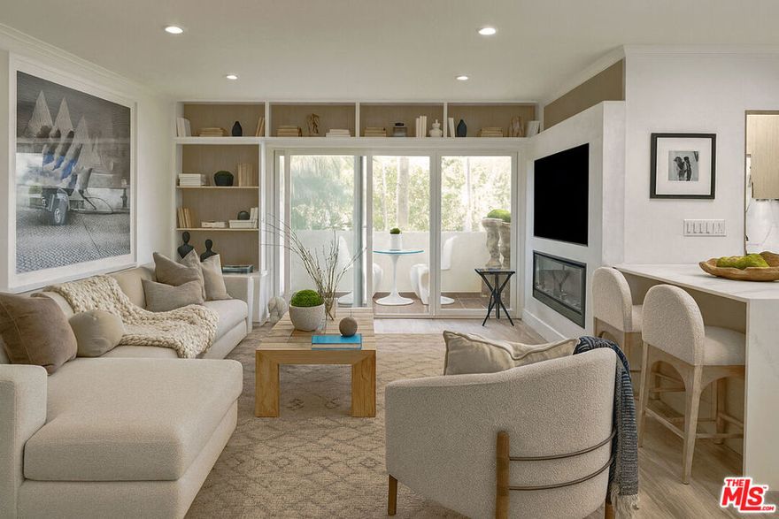 OPEN SUNDAY 1-3pm!!  Perched on the top front corner of a classic mid-century building, this rarely available stunning 2Bed/2Bath condo captures the essence of refined West Hollywood living!   Bathed in natural light and enjoying exceptional privacy with no adjacent neighbors on 2 sides, the home overlooks graceful palm and tulip trees and opens to a serene balcony retreat- an ideal setting for morning coffee or evening gatherings.  *** Completely reimagined with a thoughtful and welcoming sense of design, the fully remodeled curated interior feature French white oak flooring throughout and a seamless open layout.  The chef's kitchen is a true showpiece, with custom underlit white oak cabinetry, warm Caesarstone countertops, and top-of-the-line appliances.  A waterfall peninsula offers additional seating and a large passthrough balcony window ensures a brightly lit kitchen and frames views of the lush balcony.   Seamlessly connecting to the outdoor patio, the living room features a custom built-in bookcase that transitions into a stunning Venetian plastered wall unit perfectly framing a 65" flat-screen TV and contemporary fireplace (with adjustable ambient settings).  The adjacent stylish dry bar, with custom underlet cabinetry, enhances the space, while the dining area's cozy corner nook offers versatility as an intimate lounge or home office. *** The primary suite is a truly light and bright retreat, featuring custom Japanese-inspired screen closet system and beautifully designed built-ins that will be the envy of all.  The ensuite bath evokes a spa-like ambiance with a floating vanity, bidet toilet, limestone-inlaid walls, and a generous walk-in shower, all adorned with designer trim-work and lighting.  The secondary bedroom is equally spacious and includes a fully customized closet, while the hall bath feels like a boutique hotel suite with elegant finishes and a step-in shower.  ***Beyond the residence itself, the building embodies the effortless elegance of its mid-century heritage.  Residents are greeted by a terrazzo-lined lobby while the central courtyard pool is surrounded by palms, cushioned lounges and sitting areas, offering a perfect escape reminiscent of quintessential Palm Springs.  It's a place that feels as welcoming as it is stylish!   *** Additional highlights include in-unit laundry, Eero wifi and smart home control system, upgraded LED lighting, custom doors and trim work throughout, HVAC, custom storage cabinetry, rare two side-by-side parking spaces with universal electric charger, and a level of detail and craftsmanship that sets this home apart from any other. *** Perfectly situated in one of West Hollywood's most sought-after and convenient locations, this quiet street, top-floor corner residence blends thoughtful design, comfort, and timeless mid-century character in one exceptional offering.