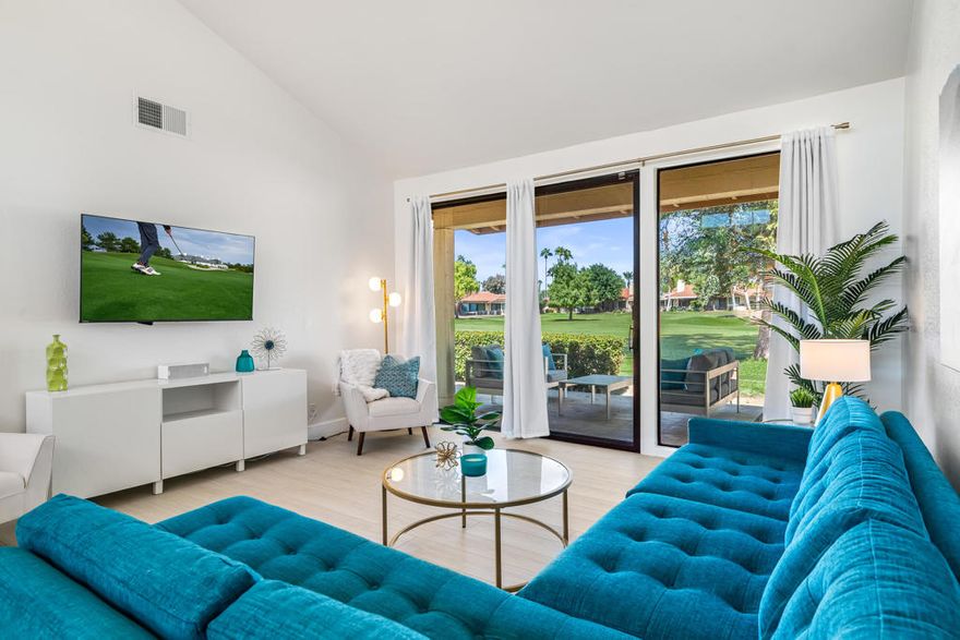 Welcome to 332 Sierra Madre--a stunningly updated 2-bedroom, 2-bath condo in the heart of Palm Desert, located within the highly sought-after Monterey Country Club. Offered fully turnkey with thoughtfully selected furnishings, this single-level home delivers both elegance and ease. And with the club transfer fee already paid by the seller, this is one of the best values in the community.Step through the private gated courtyard into a light-filled interior where modern design meets relaxed desert living. Inside, you'll find luxury vinyl plank flooring throughout, soaring vaulted ceilings, and an open-concept layout that maximizes both style and functionality. The spacious living and dining areas flow seamlessly to the back patio, offering sweeping fairway and greenbelt views framed by mature trees and lush landscaping.The remodeled kitchen is a standout, featuring crisp white cabinetry with modern brass pulls, sleek quartz countertops, stainless steel appliances, and a large window that connects the space to the front patio--perfect for passing drinks and hosting al fresco meals. Just off the kitchen, a casual breakfast bar adds additional seating and creates the perfect spot for entertaining or enjoying a quiet morning coffee.The primary suite is a serene retreat with direct access to the back patio and picturesque golf course views. It includes ample closet space and a beautifully redesigned en-suite bathroom with double vanities, contemporary lighting, and a walk-in shower wrapped in eye-catching teal tile. A spacious guest bedroom and updated second bath make hosting visitors a breeze.Enjoy two separate outdoor spaces--a gated front courtyard ideal for grilling and lounging, and a rear patio that opens to wide open green views and feels like an extension of the home. Whether you're enjoying a cocktail at sunset or relaxing after a round of golf, this home was designed for year-round enjoyment.Monterey Country Club is one of Palm Desert's most desirable communities, offering a vibrant social lifestyle with 27 holes of Ted Robinson-designed golf, 15 tennis courts, 20 pickleball courts, bocce ball, 37 pools and spas, and a full calendar of member events and activities. HOA fees cover roof, exterior maintenance, cable, internet, and front landscaping--making it ideal for seasonal or full-time use.Whether you're looking for a vacation escape, a short-term rental investment, or your full-time desert home, 332 Sierra Madre is the choice!