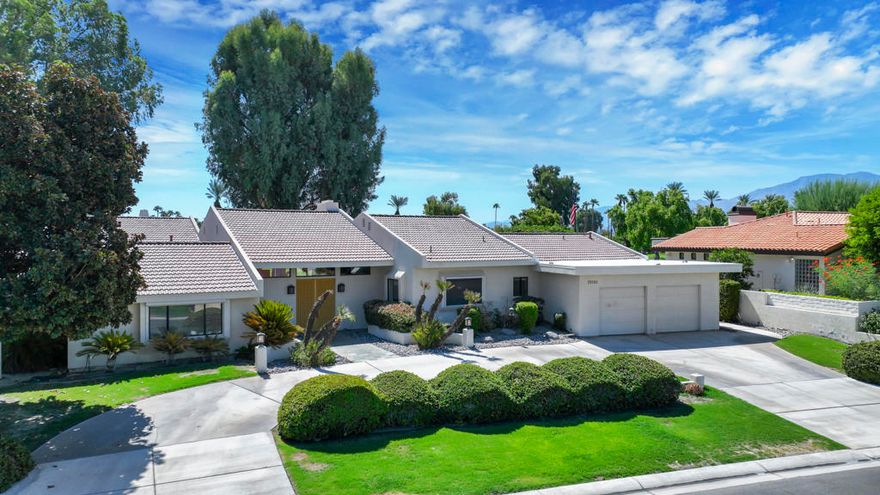 Welcome to 78805 Saint Thomas Drive, a spacious single-level residence in the heart of Bermuda Dunes Country Club, offering the perfect blend of comfort, privacy, and resort-style living. Positioned on an oversized 13,500+ sq. ft. lot, this 3,512 sq. ft. home showcases breathtaking golf course and mountain views from its enviable location along the 16th fairway and green.Arrive through a circular driveway and double-door entry into a bright, open floor plan designed for both casual relaxation and elegant entertaining. The home features 3 generously sized bedrooms and 3 bathrooms, including a primary suite with fireplace. Multiple living and gathering spaces--including a great room, family room, wet bar, and a formal dining room--create flexibility for every lifestyle.The chef's kitchen is complemented by ample cabinetry and built-in appliances, while sliding glass doors lead to a covered patio overlooking the sparkling private pool and spa. Expansive windows invite natural light and frame serene fairway and mountain vistas, creating a seamless indoor/outdoor living experience.  And a brand-new roof has just been installed, ensuring peace of mind for years to come. Enjoy the benefits of low HOA dues--just $214 per month--which include Spectrum cable with premium movie, sports and music channels, high-speed internet, and 24-hour guard-gated security. Residents also appreciate the cost savings of IID electric service.  Whether hosting family and friends or simply enjoying the tranquility of your private retreat, this home embodies the relaxed sophistication of desert living. Located minutes from dining, shopping, and world-class golf, 78805 Saint Thomas Drive offers a rare opportunity to own a premier property in Bermuda Dunes Country Club.