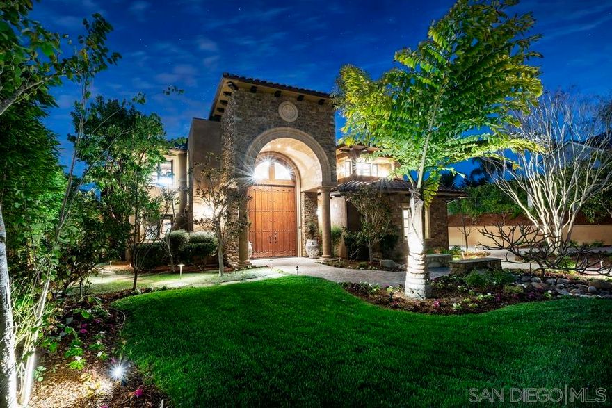 An Italian inspired custom Villa with modern amenities, hi-caliber finishes situated on nearly half acre in the exclusive gated community of Rancho Del Mar, with views of the golf course. The open floor plan features 8,536 SF, 6 bedrooms, 7 baths with solid slabs of rare exotic stones, and 2 half baths, this includes a first floor attached self-contained 1 bedroom, 2 baths, with full eat in kitchen & sauna, that opens to the lush tropical garden. Incredible striking structural details with commanding 23’ high open beams that line the great room, a massive fireplace, wet bar, and panoramic slide-away doors that open to the 400 SF loggia overlooking the rear entertainment area outdoor kitchen with views of the resort style, pool/spa and the 13th green. The well-appointed and expansive gourmet kitchen lends itself to large gatherings which includes two spacious islands, a 60” range, Sub-Zero, Dacor appliances plus a built-in brick pizza oven. Entertainment areas include a sensational media/family room, with an adjacent large game room and its own kitchen area and fitness room. For the wine connoisseur your very own tasting room, temperature controlled 600-bottle walk-in wine room. Additional amenities include an oversized 3 car garage, 100+ solar panels, a state-of- the art Lutron smart system, a complete house natural gas Kohler generator, too much to list.