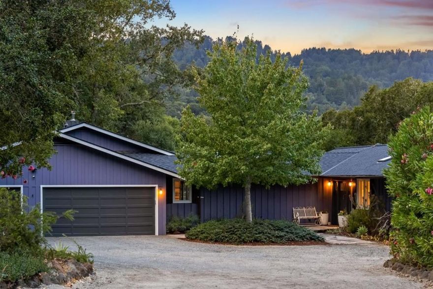 Remodeled and expanded on 1.3 level acres with tennis court, views, and beautiful grounds in central Portola Valley. Custom craftsmanship and artistic detail showcase cathedral ceilings with industrial lighting and windmill-style fans, numerous skylights, and reclaimed wood accents creating rustic sophistication. Two dramatic works by a Post Ranch Inn artist  a sculptural stainless-steel fireplace surround and a custom steel hot tub on the elevated deck  merge art and function. Gourmet kitchen with French Lacanche range and rolling ladder to upper storage. Primary suite couture closet designed for nearly 500 pairs of shoes also has a rolling ladder plus a spa like bath with open shower. Natural landscaping, pollinator gardens, and impressive variety of fruit trees. Private tennis court enhances the rear grounds. Moments from the town center and Windy Hill trails for the ultimate Portola Valley lifestyle. Excellent Portola Valley schools.