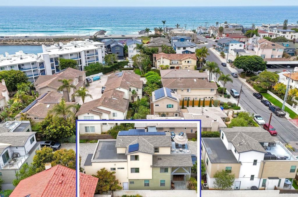 Detached Coastal Retreat — Fully Furnished Luxury Steps from the Lagoon and Beach.  This stunning 4-bedroom, 3.5-bath coastal home offers 2,645 square feet of beautifully designed living space just steps from Agua Hedionda Lagoon and Carlsbad Beach. Fully furnished with every detail thoughtfully curated—from furniture and décor to bedding, linens, bikes, surfboards, and beach chairs—this property is ready for immediate occupancy. Gourmet kitchen with Bertazzoni 6-burner range and french door fridge. Accordion glass doors open to sunlit patios with an outdoor shower while the open-concept great room provides an inviting space to relax or entertain. The spa-style primary suite features a soaking tub and barn door entry, and a third-floor bonus room leads to a rooftop deck with hill, city, and peek-a-boo ocean views. Additional highlights include a tankless water heater, paid solar system, two car garage and parking for five vehicles.