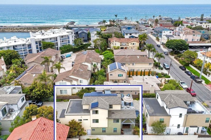 Detached Coastal Retreat — Fully Furnished Luxury Steps from the Lagoon and Beach.  This stunning 4-bedroom, 3.5-bath coastal home offers 2,645 square feet of beautifully designed living space just steps from Agua Hedionda Lagoon and Carlsbad Beach. Fully furnished with every detail thoughtfully curated—from furniture and décor to bedding, linens, bikes, surfboards, and beach chairs—this property is ready for immediate occupancy. Gourmet kitchen with Bertazzoni 6-burner range and french door fridge. Accordion glass doors open to sunlit patios with an outdoor shower while the open-concept great room provides an inviting space to relax or entertain. The spa-style primary suite features a soaking tub and barn door entry, and a third-floor bonus room leads to a rooftop deck with hill, city, and peek-a-boo ocean views. Additional highlights include a tankless water heater, paid solar system, two car garage and parking for five vehicles.