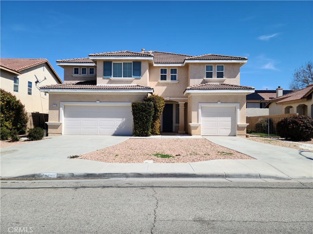 Welcome to this beautiful 5-bedroom, 4-bathroom home with a 3-car garage offering the perfect blend of comfort, style, and space. Nestled in a peaceful cul-de-sac, this 3600 sq ft home is ideal for anyone who loves to entertain and relax in spacious surroundings. Inside, you will find a large open floor plan that seamlessly connects the living, dining, and kitchen areas. The expansive kitchen features a generous island perfect for entertaining or casual meals and is designed for both functionality and style. The main bedroom is a true retreat with two walk-in closets, a full-size tub, and a separate shower. A spacious upstairs loft provides additional living space ideal for movie nights, a home office, or a playroom. Enjoy flexibility with a downstairs bedroom and full bathroom perfect for guests. Outside, the backyard is designed for gatherings and relaxation complemented by simple yet charming landscaping that adds natural beauty without the upkeep. Do not miss the chance to make this retreat just 33 miles from Edwards Airforce Base and 12 miles from Palmdale Hospital yours today.