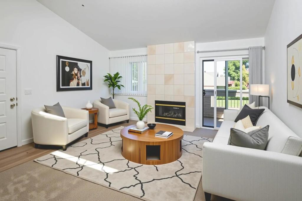 Nestled in Foster City's sought-after Marina Green community, this top-floor, end-unit residence offers a harmonious blend of sophistication, comfort, and light-filled design. Expansive windows capture a serene, elevated outlook, while soaring vaulted ceilings, clerestory windows, and a striking floor-to-ceiling tiled fireplace create a dramatic centerpiece in the living room, which flows seamlessly to a private balcony. The beautifully remodeled kitchen is appointed with shaker-style cabinetry, quartz countertops, an oversized sink, recessed lighting, and updated appliances, complemented by a dining area adorned with a contemporary chandelier. The refined primary suite features dual mirrored closets, balcony access, and a luxurious bath with Carrara marble double vanity, skylight, and an expansive tiled shower. Elegant hall bath featuring a Carrara marble vanity, refined tile flooring, a light-filled skylight, and a ceramic-tiled stall shower enclosed by sleek glass bypass doors. In-unit laundry, double pane windows, and hardwood/carpet floors add to the homes appeal. Complete with a single-car garage, deeded parking, and access to the pool and clubhouse. Excellent location near parks, Bay Trail, & outstanding schools. Open House Sat (8/9) & Sun (8/10) from 2:00-4:00pm.