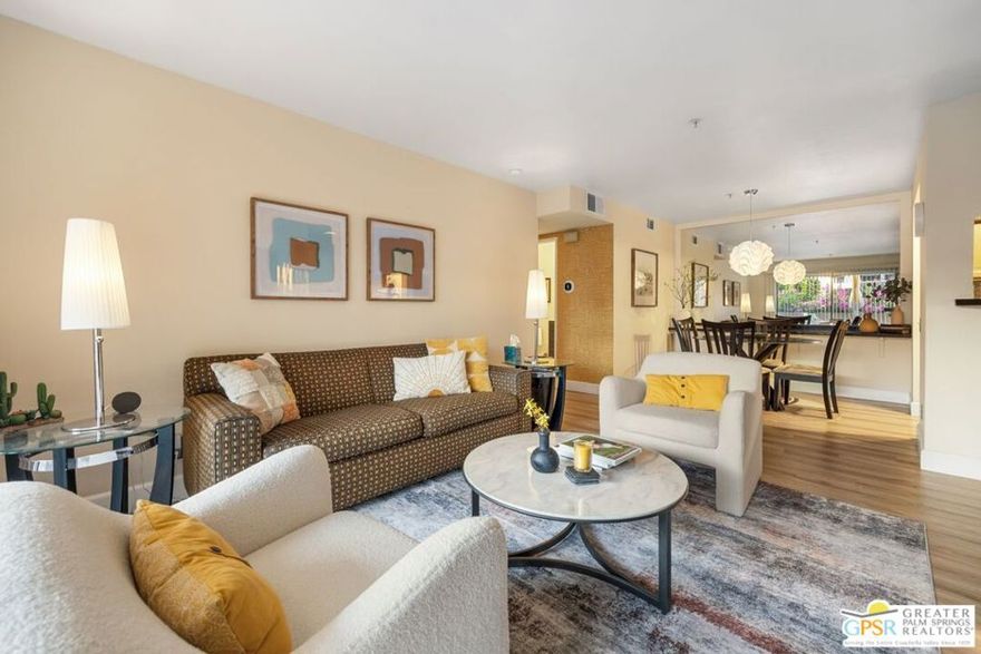 This move-in-ready unit at Plaza Villas is being sold turnkey, fully furnished and equipped, whether as a primary residence or a viable short or long-term rental investment. 7-night minimums are allowed, with future reservations (18K January through April)  that can be kept or cancelled. Located in the heart of downtown Palm Springs across from the Spa Resort Casino, the condo is within walking distance to everything the vibrant city center has to offer. The interior features tile flooring in the entry and bathroom, and new laminate flooring throughout, updated bathroom with decorative tile tub/shower surround, and new vanity, stacked washer/dryer inside, and tastefully appointed furnishings and decor. Ample storage and a generous 9' x 12' patio complete the package. The community has two pool/spa areas, a tennis court, secure gated entries, and covered parking, all in a prime downtown location.