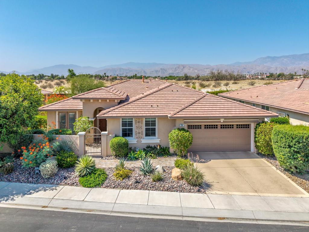 Stunning Chianti Model with Panoramic San Joaquin Mountain Views!Rarely available and impeccably maintained & recently painted, this luxurious Chianti Model is located in one of the most sought-after gated communities, Tuscany in Rancho Mirage. Enjoy breathtaking amazing panoramic views of the San Joaquin Mountains from your own private oasis. This partially furnished (per inventory) former model home offers designer upgrades throughout and includes a versatile casita-style retreat with separate entry, perfect for guests, a home office, or studio.Step inside to find a spacious open-concept floor plan featuring elegant custom tile, granite countertops, stainless steel appliances, new refridgerator and a large island with wet bar ideal for entertaining. European-style maple cabinetry provides an abundance of storage, while your own personal bar that opens to the outdoors elevates your hosting experience. The home is also equipped with dual-zone air conditioning, a cozy fireplace, and a fully integrated home theater & audio system with surround sound throughout.The expansive primary suite includes a luxurious bath with a soaking tub, enclosed shower, and generous walk-in closet. Step outside to a resort-style backyard where you'll find a saltwater pool and spa with waterfall, a fully loaded built-in BBQ, misting system and plenty of space to relax or entertain all set against a backdrop of stunning mountain vistas. AND PAID SOLAR!Enjoy the lifestyle this exceptional community offers, with amenities including a pool, spa, dog park, playground and scenic walking/jogging trails. You own the land, and the low HOA fees include cable and TV. This is desert living at its finest don't miss this incredible opportunity!