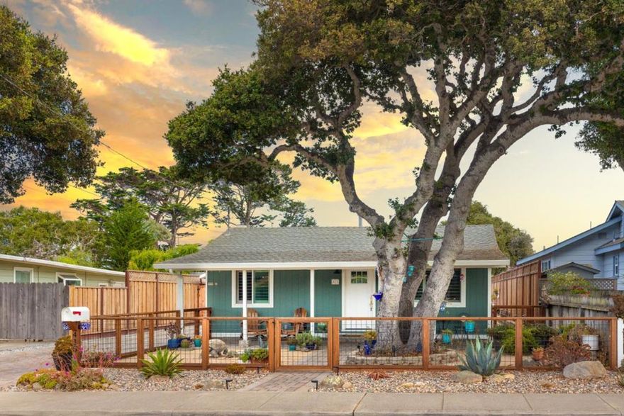 Welcome to your picture-perfect beachside retreat! This super cute and updated 2 bed, 2 bath gem offers approx. 1,038 sqft of cozy charm on a 5,525 sqft lot plus two fully finished bonus sheds (120 sqft each!), perfect for an office, studio, or guest space. Just two blocks from the Coastal Trail and Del Monte Beach, this home brings the vacation lifestyle to your everyday. Enjoy a spacious front porch shaded by a beautiful coastal oak tree perfect for relaxing or greeting neighbors. Inside, discover a remodeled bath, plantation shutters throughout, recessed lighting, modern fans, fresh interior & exterior paint, and custom built-in cabinets. The kitchen features shaker cabinets, a brand new stainless steel refrigerator and Culligan water filter & softener system for pure convenience. Outside, the fully fenced and landscaped yard includes new turf, pavers, a lovely deck, and raised planter boxes. All new exterior doors including a charming front door boost curb appeal and security. Come fall in love with this coastal charmer!