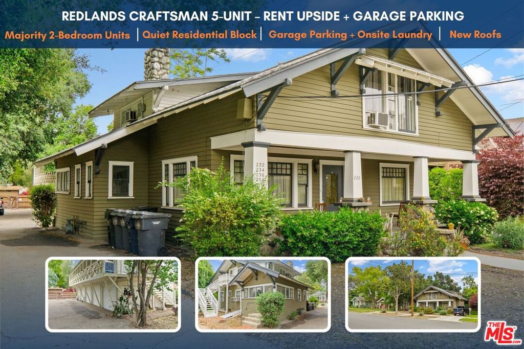 Rare Redlands 5-Unit Surrounded by Single Family Homes. Located on a quiet residential block just off Olive Avenue, 230 S Buena Street is one of the only multifamily properties in this central Redlands neighborhood. The property consists of five units including two two-bedroom units, one one-bedroom unit, and two studios, one of which is oversized. It is currently operating at a 5.31% cap rate with a pro forma cap rate of 6.27%. One unit includes its own in-unit washer and dryer, while the remaining four share a common laundry room. The 10,920 square foot lot includes five garages, four assigned parking spaces in the rear, and additional open parking. Recent roof replacements and separate electric meters help reduce operating costs and improve efficiency. The location offers walkable proximity to Downtown Redlands, Prospect Park, and the A.K. Smiley Public Library, with easy access to the I-10 and 210 Freeways connecting to Riverside, San Bernardino, and surrounding job hubs.