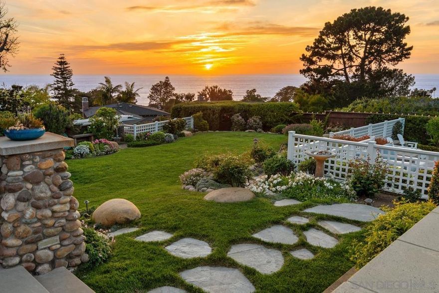 One of the Very Best streets in all of Old Del Mar! There is NOTHING quite like this with all usable land, privacy, protected Ocean Views and walk-ability! This quiet and private location is just steps to the village & beach. The quality is immense throughout and offers a timeless coastal look with great open living throughout, 150-year-old vintage wood floors, expansive lot with large pool / spa, gardens, privacy plus generous lawn area all overlooking mesmerizing Ocean Views. From your own backyard there is a private pedestrian gate that steps you a minute to the village, shopping and the beach. This exquisite home was recently & further upgraded with beautiful gourmet kitchen complete with sunset views from the kitchen sink. In fact, you will enjoy Ocean and Sunset views throughout the home and yard. Offering 5+bedrooms, 5,000+-SF, Detached Guest Home, generous primary bedroom with all new oversized spa bathroom and custom walk-in closet, there is Nothing Else That EVEN COMPARES! This truly is a one of a kind offering and you won't find the space, views and proximity to the village & beach in Old Del Mar like this again. We can't wait for you to see for yourself!