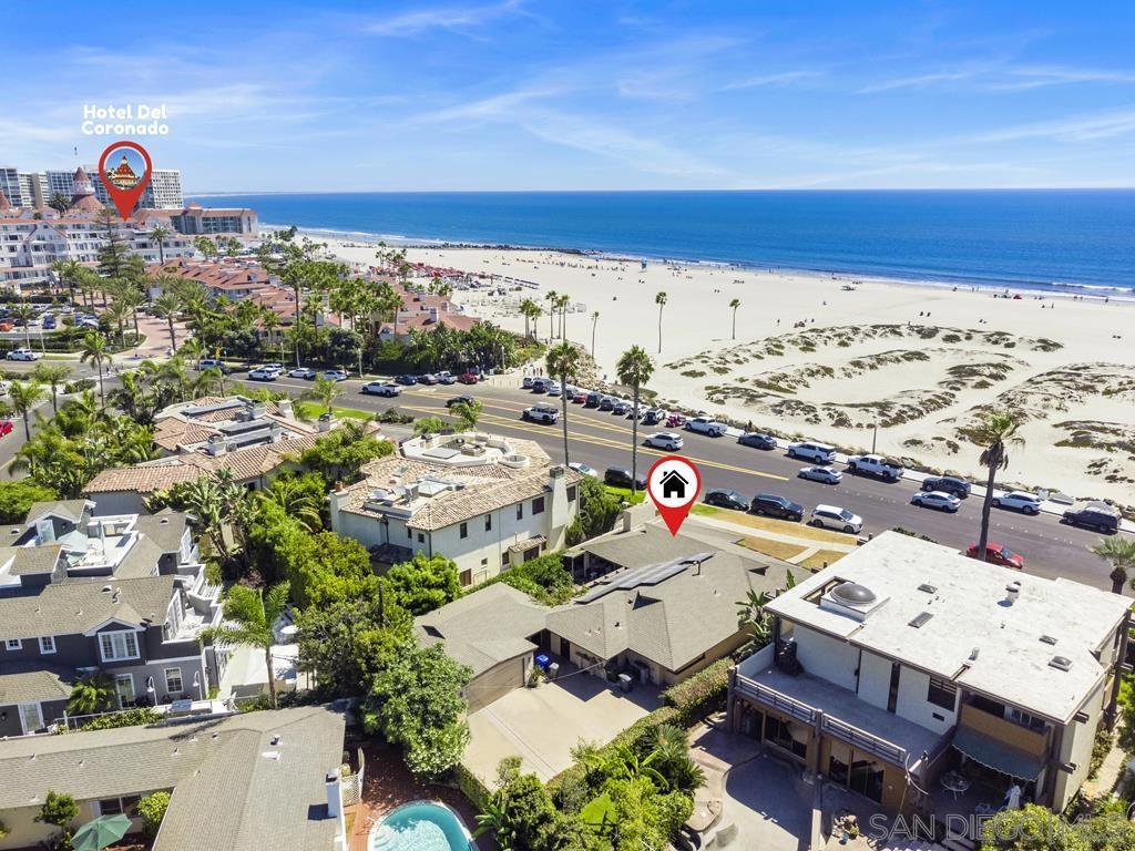 A ONE OF A KIND OPPORTUNITY! This is the last single-level home out of Coronado's 34 Ocean Blvd properties. The property is in a prime location across from the Hotel Del Coronado; it sits on an 8400+ square foot lot. Your visual is the Pacific Ocean, Mexico, and Point Loma, doesn't get much better than that. This property features 2 bed, plus den, 2 baths in main house, with a detached guest suite and bath. You can re-image the existing structure or build a beautiful new home in this unparalleled location. Equipment: Garage Door Opener Sewer: Sewer Connected Topography: LL