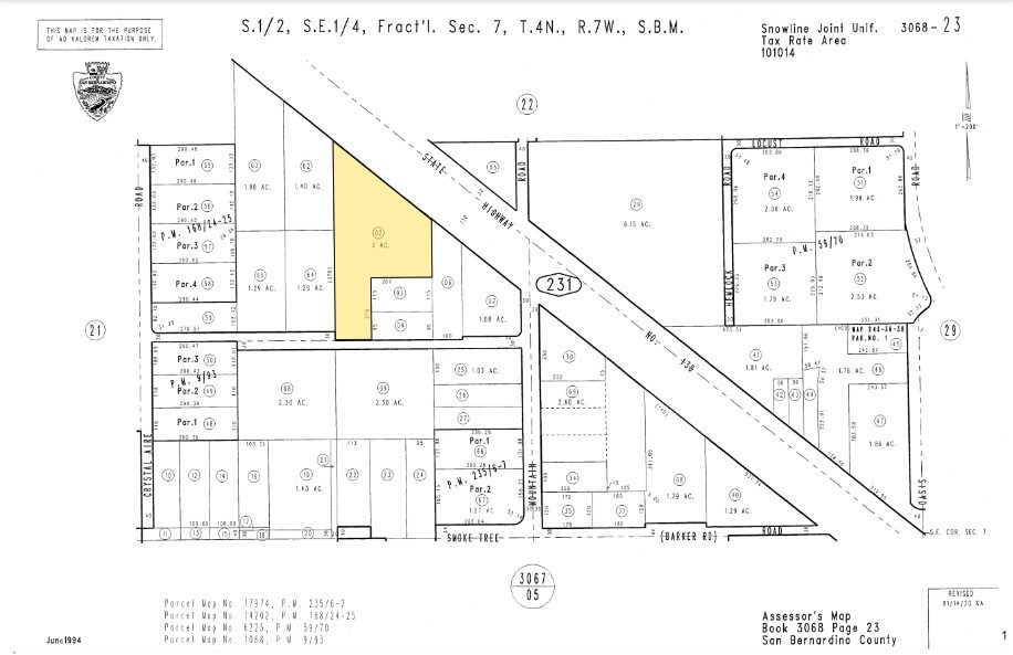 Prime commercial vacant land opportunity along SR-138! This ±3-acre site provides exceptional visibility with approximately 425 feet of frontage along a major thoroughfare between the Antelope Valley and Inland Empire seeing an average of ±42,000 vehicles daily. The site, zoned General Commercial, provides an excellent location for retail, service, or commercial development to serve the growing communities of Pinon Hills and Phelan, as well as the steady flow of commuter traffic. There is a water line situated along the southern boundary with a water meter placed on site, providing a benefit to potential developers. Perfectly positioned for growth in this vibrant, high-visibility location. Buyer to verify all information contained herein.