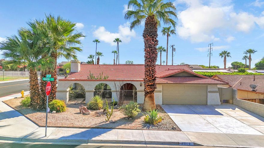 Welcome to this beautifully crafted 3 bedroom, 2 bath home in one of South Cathedral City's most desirable neighborhoods. Set on a spacious corner lot, this property offers everything you've been looking for in a desert retreat or full-time residence. Step inside through the gated front courtyard and double-door entry to an oversized living room perfect for gatherings. A large den with a wet bar, thoughtfully designed butler's pantry, and abundance of cabinets for storage make entertaining effortless. A separate laundry room adds convenience, while the master suite is a true retreat featuring a steam shower for spa-like relaxation. The garage includes a workbench and extra storage, while outside you'll find two large storage sheds plus a bonus artist studio.Enjoy the ultimate indoor-outdoor lifestyle with a stunning patio, fire pit, and a sparkling pool in a private setting framed by breathtaking mountain views. The mature desert landscape creates a tranquil backdrop for entertaining or relaxing.With a wide driveway for additional parking, no HOA, no land lease, and leased solar for energy savings, this home provides unbeatable value in a prime location. If you're looking for a property that truly has it all in a fantastic neighborhood, your search ends here.
