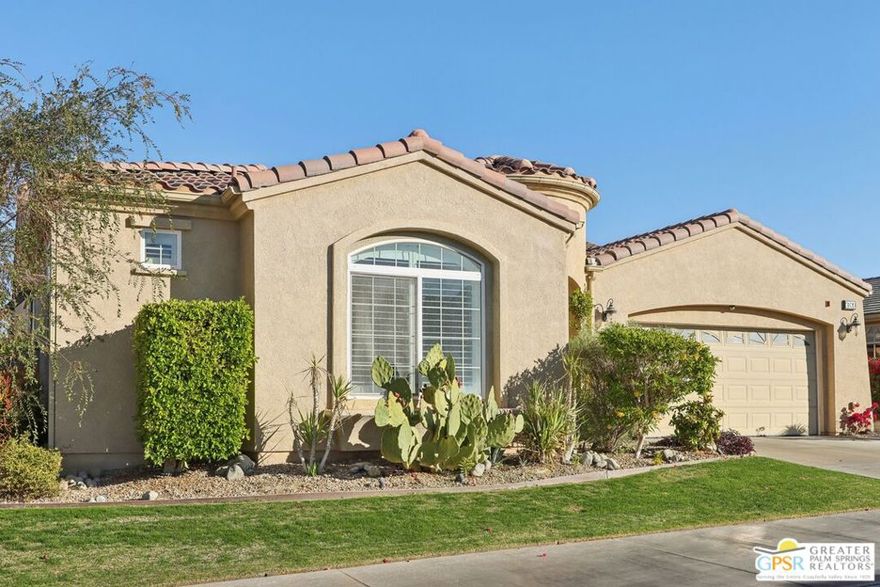 This well-appointed home - located at the end of a cul-du-sac - is the highly-upgraded Canyon 3 model, with 2,825 square feet of living space. It's the largest floor design within the community, and it's perfect for an elegant but relaxed lifestyle. Located on the west side of Four Seasons, a gated active 55+ community, this home offers a large lot with even more potential for an owner's added touches (including ample still room for its own private pool and spa). The home is surrounded by natural desert scenery - including the backdrop of the Chocolate Mountains, the San Jacinto Mountains and the Little San Gorgonio Mountains - within a sweeping,180-degree view from the backyard. Other touches include wired flush-mount ceiling speakers; a central vacuum system; 2 (two) electric-start gas fireplaces; and tons of storage space. There is much upgraded interior finish work throughout, including travertine, granite, and marble flooring, marble countertops, wainscoting, marble fireplace surrounds, and counter, vanity, and shower backsplashes with tile inlays. There are also vaulted ceilings in the living, dining, and master bedroom, and high ceilings with crown moldings throughout the home. The rear facade has a covered veranda for outdoor lounging or dining, featuring a well-placed fire pit to sit around and enjoy beautiful Palm Springs nights. The community of Four Seasons is gated for both security and privacy, and offers many activities for its homeowners, including walking and biking trails, sport courts, tennis courts, pools and spas, and a large community center lodge with exercise rooms and fitness equipment, library, meeting rooms, and a well-knowledged staff. This home - and Four Seasons, in Palm Springs - is a great place to call home.
