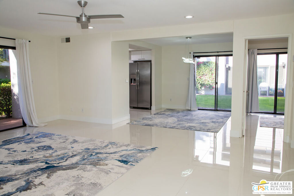 Great "Palm Villas" 3bed 2bath condo. Close to pool. parking and casrport. Tennis. pickelball,pools,spas on lush grounds.Recently remodeled with porcelain flooring, new kitchen, new HVAC and 2 seperate private patios. Small dog under 20# ok ( sorry no cats). Possible rent reduction if paid in advance (check with agent for details). A reall good place to live here in Palm Springs.