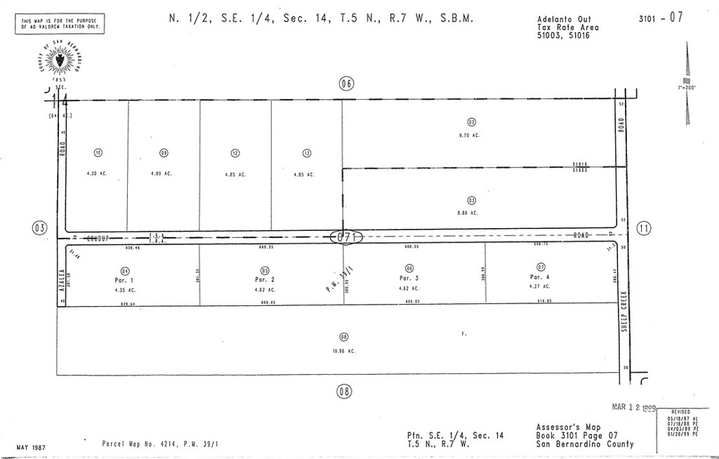 Flat land, 2 parcels together nearly 40 acres. Have you ever thinking of escaping from the busy traffic and people crowd. Building your dream home in the beautiful desert??? Growing fruit trees and plant your favorite vegetables, build a greenhouse for growing mashrooms, build a horse barns and raise chicken here to pick the fresh layed eggs every morning! By the way, this can be a commercial farm. In the wild desert, you can ulitized your full imagination for nearly 20 Acre of argucultural Land located in Adelanto CA, adjacent to Palmdale blvd, only a few minutes from the phelan's shopping center. Nearby there are neighbors and farm homes. If you have differenct set of plan, This would work too. With conditional use permit, you can build an outdoor playground, camp ground, mobile homepark, Libuary, or senior care facility, Commercial entertainment center. public and private schools, universities, rural sports facility, spcialized trainning facilities. Water Well #15 is locaetd in the back of the property, about 100 feet. eletrical pulls are on the back of the street. Please be advised have your agent to check out the possible use from the County planning.
Direction: From Irvine, 91 E, Then 15 North to Barstow, to CA 138 W to San Bernadino, then take exit Sheep Creek Road, pass the palmdale traffic light. The property is on the left side. The property starting point is by the shed house like. from there all the way back to the well #15 trade mark.