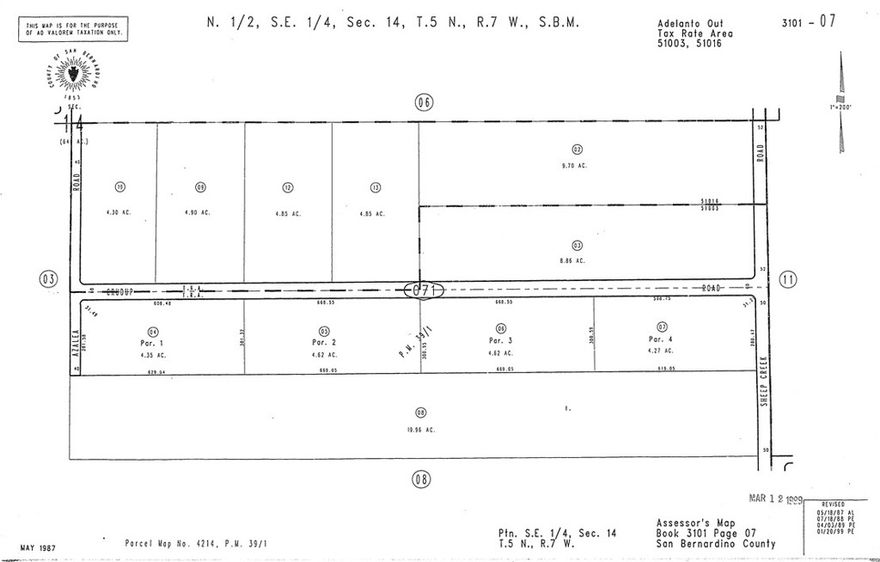 Flat land, 2 parcels together nearly 40 acres. Have you ever thinking of escaping from the busy traffic and people crowd. Building your dream home in the beautiful desert???  Growing fruit trees and plant your favorite vegetables, build a greenhouse for growing mashrooms, build a horse barns and raise chicken here to pick the fresh layed eggs every morning! By the way, this can be a commercial farm. In the wild desert, you can ulitized your full imagination for nearly 20 Acre of argucultural Land located in Adelanto CA, adjacent to Palmdale blvd, only a few minutes from the phelan's shopping center. Nearby there are neighbors and farm homes.  If you have differenct set of plan, This would work too. With conditional use permit,  you can build an outdoor playground, camp ground, mobile homepark, Libuary, or senior care facility, Commercial entertainment center. public and private schools, universities, rural sports facility, spcialized trainning facilities.   Water Well #15 is locaetd in the back of the property, about 100 feet. eletrical pulls are on the back of the street. Please be advised have your agent to check out the possible use from the County planning. 



Direction: From Irvine, 91 E, Then 15 North to Barstow, to CA 138 W to San Bernadino, then take exit Sheep Creek Road, pass the palmdale traffic light. The property is on the left side. The property starting point is by the shed house like. from there all the way back to the well #15 trade mark.