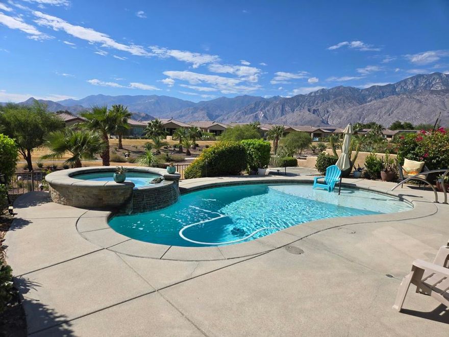 **YOU OWN THE LAND!** Discover your dream escape in this stunning home in the Arroyo of Desert Princess, where luxury meets tranquility. Dive into your own saltwater pool, complete with an in-water deck and spa, and revel in breathtaking southwest views of the Arroyo and majestic mountains. Prepare to be captivated by the mesmerizing sunsets that await you each evening.With three spacious bedrooms and two and a half elegantly appointed baths, this residence is ideal for hosting family and friends. Entertain effortlessly on your private back patio, adorned with a SunSetter awning, creating the perfect ambiance for gatherings or peaceful evenings at home. Offered furnished, subject to inventory, this exquisite property serves as the perfect winter retreat or forever home, tailored to your vision of paradise. Additional highlights include energy-efficient tankless water heaters, leased solar panels, and a new washer and dryer for your convenience. Embrace a lifestyle of comfort and beauty--your ideal home awaits!HOA dues include: 2 DVR or HD cable boxes and service, high-speed internet, grounds maintained to your door by HOA maintenance crews, outside pest control when requested, and outside water. Gated community with 24-hour guarded gate access and regular patrols for added safety and security, health and fitness center membership, tennis, bocce ball, and pickleball courts.