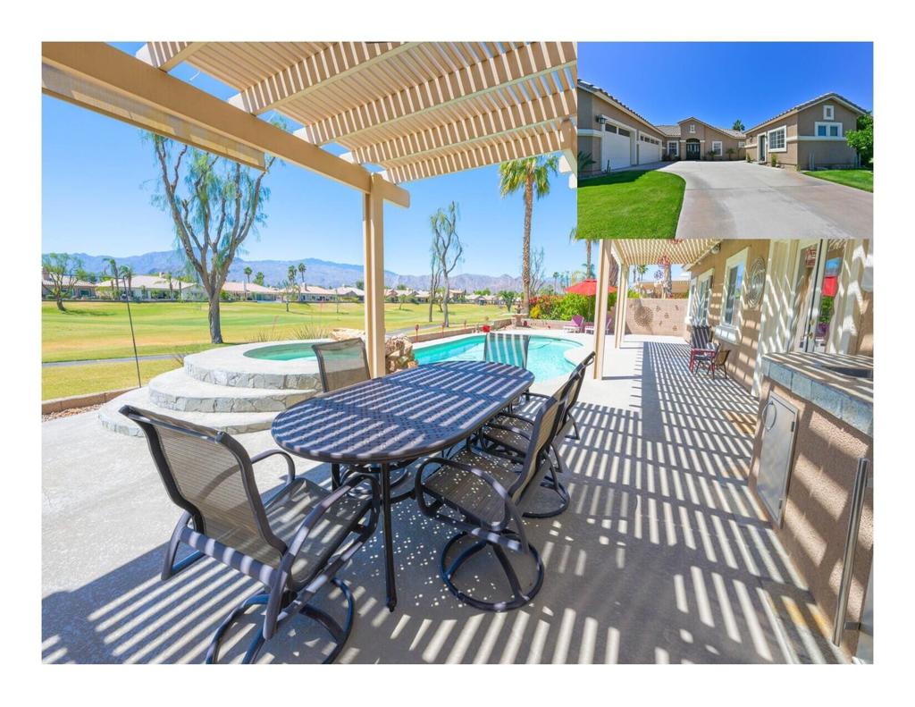 Live the Good Life on Green Hills Drive! Rarely available and highly sought-after, this exceptional Malibu model with Casita offers panoramic views of the 6th fairway at the Big Rock Golf Course in the prestigious Indian Springs community. With 4 bedrooms and 4 bathrooms, including a private detached ''furnished'' guest casita with kitchenette, this home combines comfort, style, and unbeatable location and newer AC. Step inside to discover a bright and spacious open-concept great room--a signature of the Malibu floor plan--featuring gourmet kitchen with slab granite countertops, stainless steel appliances, kitchen prep island and large breakfast bar. Large windows invite in natural light and showcase the stunning fairway and south-facing mountain views. Primary suite with incredible views and rear yard access, ensuite bath with spa tub/separate shower, dual vanity and large walk-in closet. Outside, the beautifully designed backyard is perfect for entertaining or relaxing, complete with a built-in outdoor kitchen and Alumawood patio cover with misters. Enjoy the expansive golf course and south mountain vistas while sipping your favorite refreshment in your private pool. Located just minutes from La Quinta, Indian Wells, PGA West, and Palm Desert, you'll enjoy easy access to world-class dining, shopping, and events. The Big Rock GC & Pub is right in the neighborhood, short golf cart ride...yes, ''golf cart is included!'' --offering great food, live entertainment, and golf at resident-friendly rates. Community perks include cable TV, internet, and access to two exclusive Residents Clubs with fitness centers, heated pools, and hot tubs. Don't miss the virtual tour--and don't miss this rare opportunity. Come see why life is better at Indian Springs!