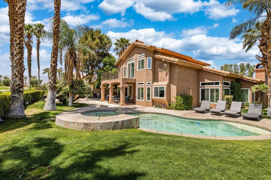 Highly Sough-After Private Gate at Desert Falls Country Club you will find The Links! This stunning complete remodel home offers 4 bedrooms, 4 baths. with ceramic tile flooring, custom paint and furnished with great attention to detail. The kitchen is light and bright with granite counters, custom built cabinets and stainless-steel appliances. A grand staircase takes you to The Master Suite with breath taking views of the golf course and Santa Rosa Mountains. Bedrooms 2 & 3 are also on the upper floor with private bathrooms. Located on the 1st Floor is bedroom 4 with private bath.  Desert Falls Scottish Links Championship Golf Course is rated as one of the top 10 courses by the SCPGA and awarded a 4 -star rating from Golf Digests ''Best Places to Play''! You can choose to pay as you play. Desert Falls Country Club is centrally located in the middle of the valley within walking distance to restaurants and shopping and only a few miles to top entertainment venues. Acrisure Arena, Agua Caliente Spa & Casino, the McCallum Theatre and El Paseo: a 2-mile boulevard of upscale Galleries, Boutiques, and fine Dining Restaurants are all within just a few minutes' drive. Enjoy Tennis, Pickleball, Fitness Center, 29+ Pools & Spas.  Call Today to Reserve this beautiful home.