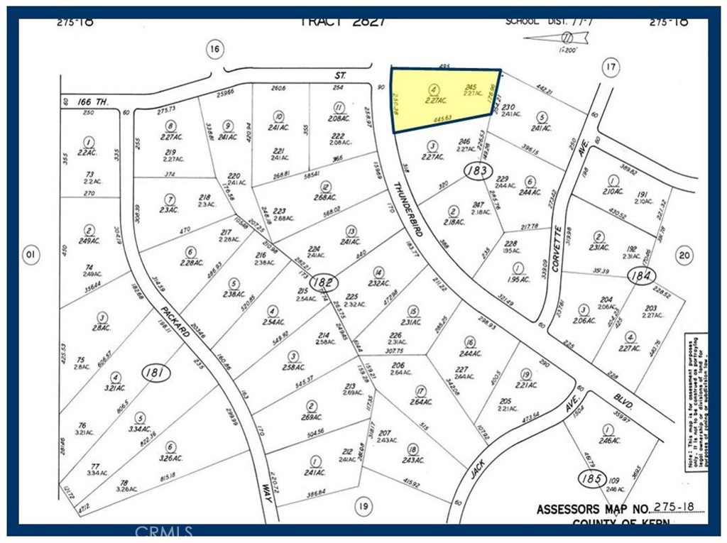 Lot 245 Map 2827, 2.27 Acres, (APN: 275-183-04-000) GPS: 35.19511, -117.83383 on Thunderbird Blvd in California City, CA. California City is in northern Antelope Valley in Kern County. California City is 18 miles northwest of Edwards Air Force Base, 40 miles north of Lancaster and 28 miles east of Tehachapi. Silver Saddle is a 120 acre resort. The resort has a large Koi pond, fitness center, pools and RV park. California City has zoned this property as R4 Residential. According to the City the following uses are permitted: Single Family Dwellings, riding stables, corrals and animal keeping. No utilities are currently available to this lot. Electricity is approx. 1.4 miles northwest. Please check with the City for water and sewer distance. Use the GPS coordinates to locate the property. GPS:35.19511,-117.83383