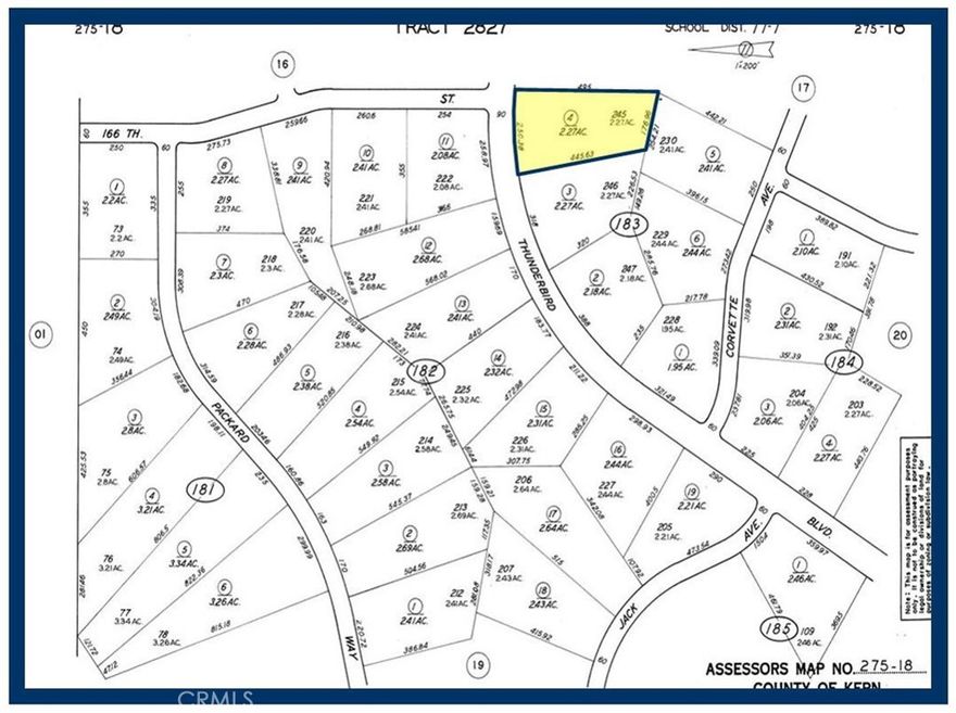 Lot 245 Map 2827, 2.27 Acres, (APN: 275-183-04-000)  GPS: 35.19511, -117.83383 on Thunderbird Blvd in California City, CA. California City is in northern Antelope Valley in Kern County. California City is 18 miles northwest of Edwards Air Force Base, 40 miles north of Lancaster and 28 miles east of Tehachapi. Silver Saddle is a 120 acre resort. The resort has a large Koi pond, fitness center, pools and RV park.  California City has zoned this property as R4 Residential. According to the City the following uses are permitted: Single Family Dwellings, riding stables, corrals and animal keeping.  No utilities are currently available to this lot. Electricity is approx. 1.4 miles northwest. Please check with the City for water and sewer distance. Use the GPS coordinates to locate the property. GPS:35.19511,-117.83383