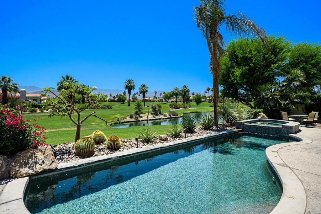 South Lake View Jacaranda 2! GOLF Membership available - No wait! Rarely on the market, this Jacaranda 2 model is on Arroyo #15 off Hawk Hill Trail, looking straight south at Arroyo #14, with expansive course, mountain and lake views. Located in Indian Ridge Country Club, on an interior street, this 4 bedroom, 4.5 bath home includes a detached Casita. The south-facing back patio features 3 electric awnings, pool/spa and built-in BBQ, with several areas for dining, entertaining & lounging. All living areas open out to the patio, with those great south views from the living room, wet bar, family room and kitchen. The separate dining room opens out to the private front courtyard. This immaculate home is beautifully appointed throughout. Fireplaces in the living room, family room, primary suite, casita and the front courtyard patio. Electric window blinds in all living areas and primary suite. The spacious Kitchen is open to the family room and features high-end stainless appliances, including a Viking double french door oven, an island with sink and counter seating. The luxurious Primary suite has private access to the pool/spa area and features a fireplace with seating area. Ensuite bathroom has a spa tub, dual vanities, dual water closets and 2 large walk-in closets. Two guest rooms are en suite and offer great privacy for your guests. One is currently set up as an office/den. The laundry room has a separate room, ideal for an extra fridge/freezer etc. The attached 2 car + golf cart garage provides direct access into the home. Indian Ridge CC features two Arnold Palmer Signature golf courses, tennis/pickleball facilities, fitness center, full-service spa, 2 restaurants, 38 community pools/spas & active social calendar. Come and join the fun!