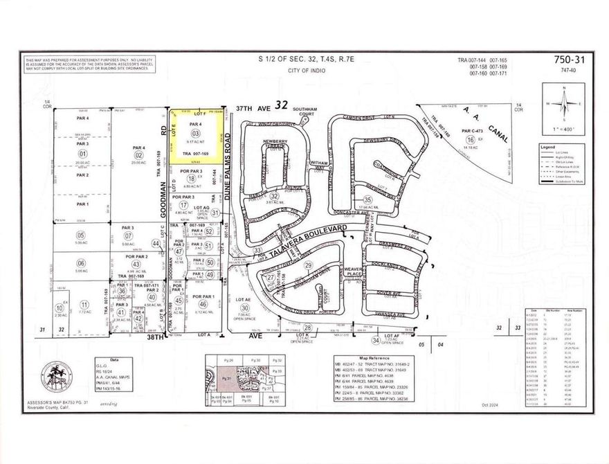 Perhaps the last chance to buy affordable acreage in Indio.  9.17 acres zoned DET-3 which allows 3 homes per acre plus ADUs (Accessory Dwelling Units) if desired.  Minimum lot size is 10,000 s.f.  Parcel is across the street form Talavera (820 homes) and close to Sun City Palm Desert.  Owner motivated.  Listing broker does not warrant the accuracy of the information provided.  Buyers to do their own research and due diligence.